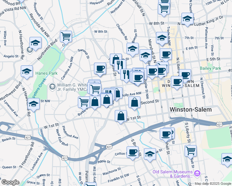 map of restaurants, bars, coffee shops, grocery stores, and more near 340 North Broad Street in Winston-Salem