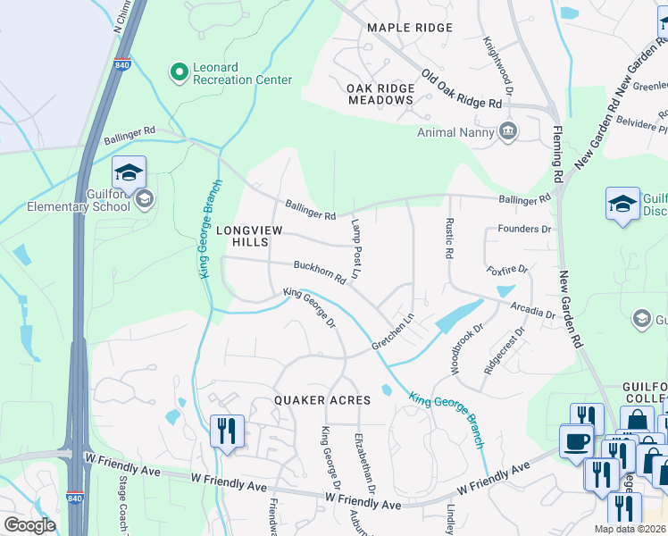 map of restaurants, bars, coffee shops, grocery stores, and more near 6015 Buckhorn Road in Greensboro