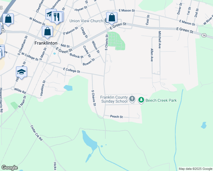map of restaurants, bars, coffee shops, grocery stores, and more near 411 South Chavis Street in Franklinton