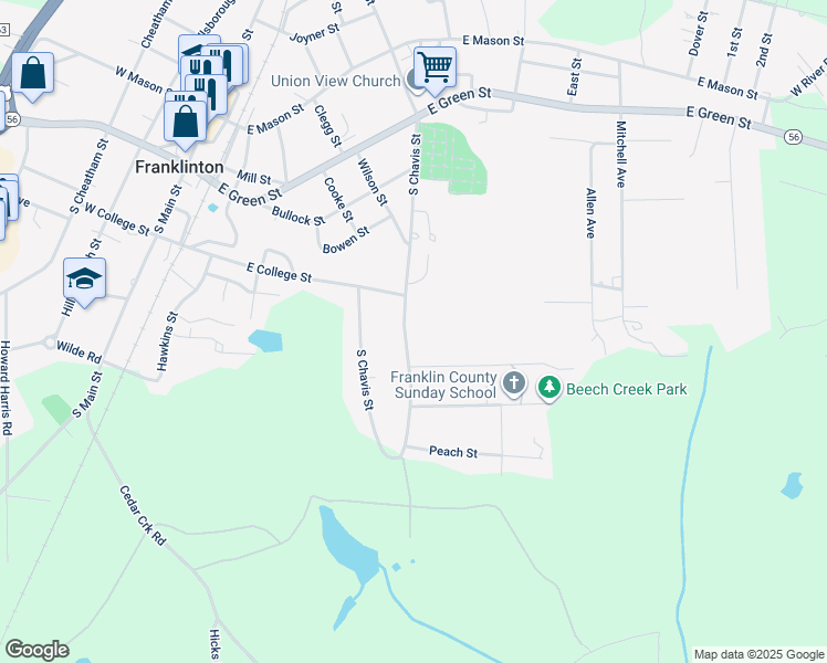 map of restaurants, bars, coffee shops, grocery stores, and more near 411 South Chavis Street in Franklinton