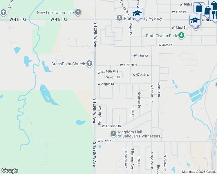 map of restaurants, bars, coffee shops, grocery stores, and more near 4821 Bermuda Circle in Sand Springs