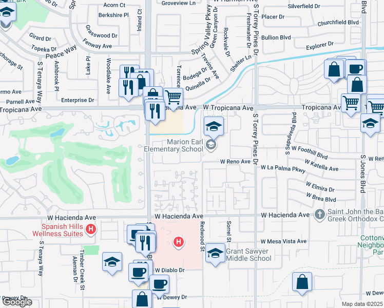 map of restaurants, bars, coffee shops, grocery stores, and more near 5044 South Rainbow Boulevard in Las Vegas