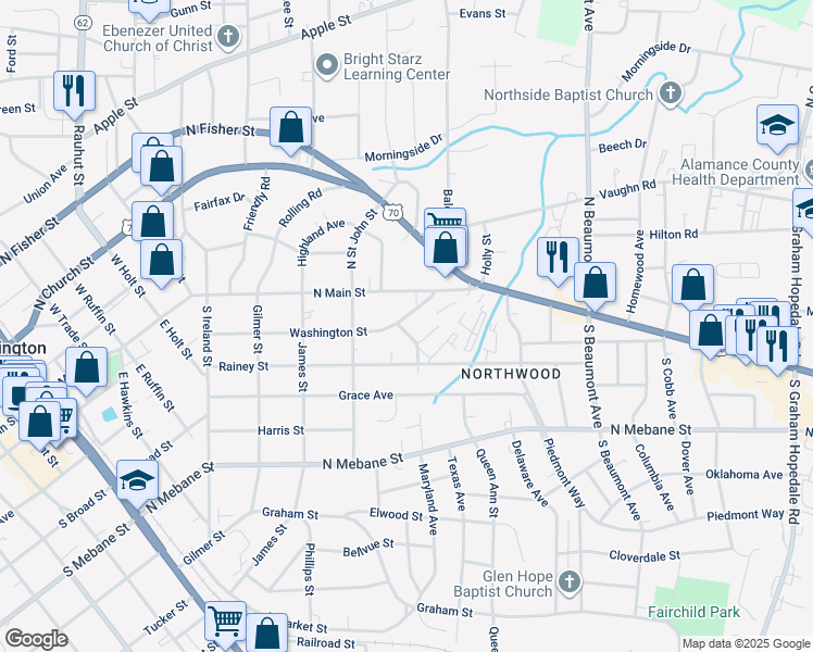 map of restaurants, bars, coffee shops, grocery stores, and more near 1029 Washington Street in Burlington