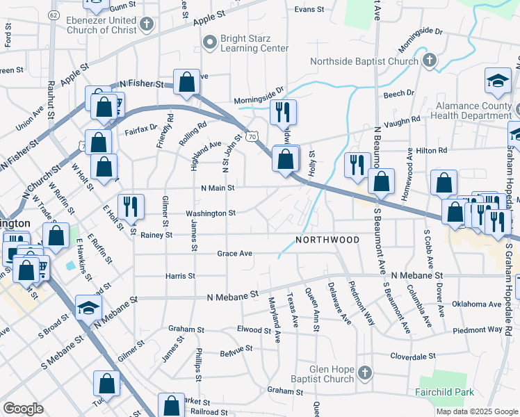 map of restaurants, bars, coffee shops, grocery stores, and more near 1029 Washington Street in Burlington