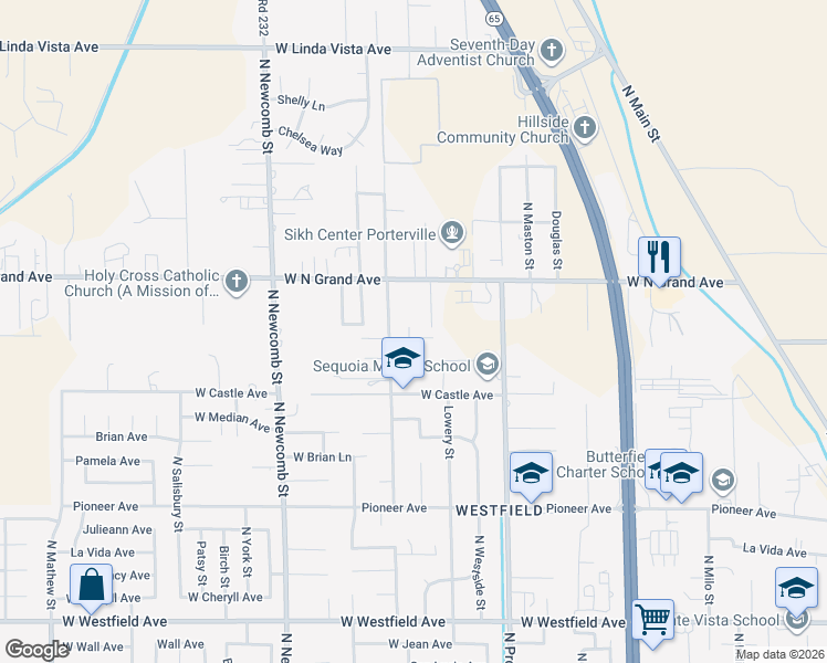 map of restaurants, bars, coffee shops, grocery stores, and more near 1692 North Beverly Street in Porterville