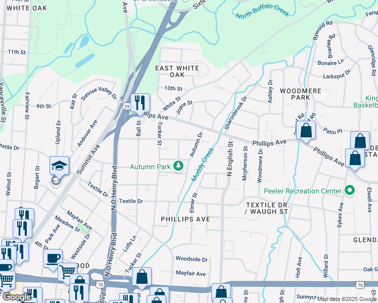 map of restaurants, bars, coffee shops, grocery stores, and more near 1601 Autumn Drive in Greensboro