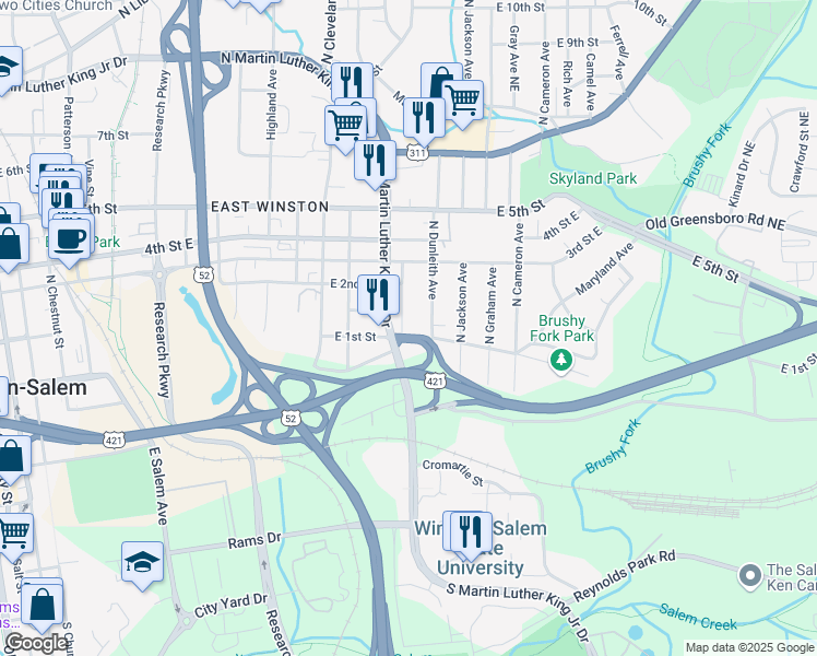 map of restaurants, bars, coffee shops, grocery stores, and more near 117 Wheeler Street in Winston-Salem
