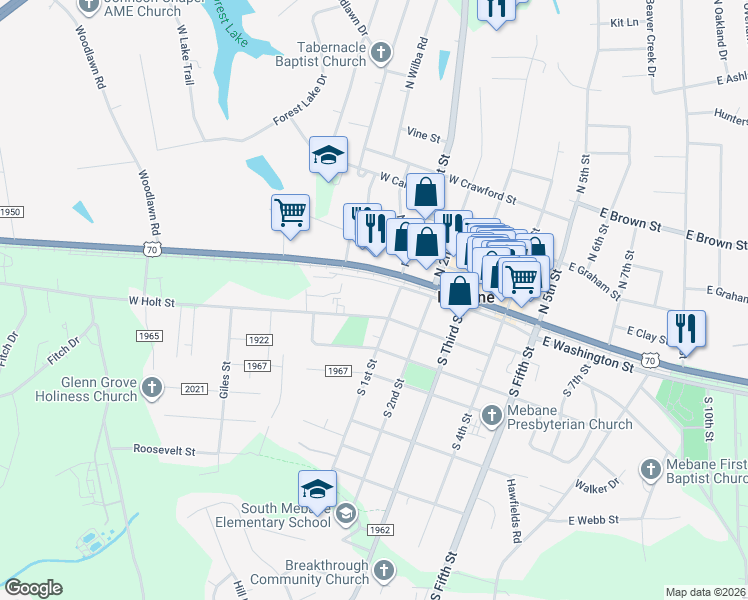 map of restaurants, bars, coffee shops, grocery stores, and more near 301 West Washington Street in Mebane