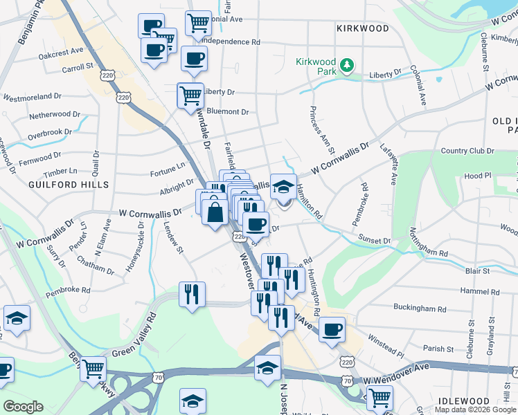 map of restaurants, bars, coffee shops, grocery stores, and more near 1711 Dellwood Drive in Greensboro