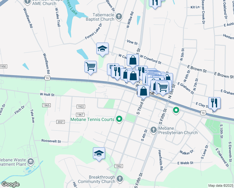 map of restaurants, bars, coffee shops, grocery stores, and more near 301 West Washington Street in Mebane