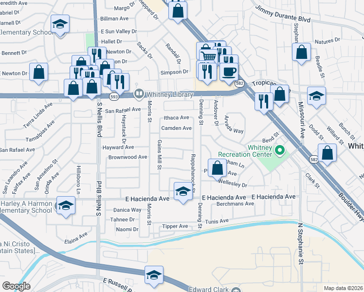 map of restaurants, bars, coffee shops, grocery stores, and more near 5127 Rappahanock Street in Las Vegas