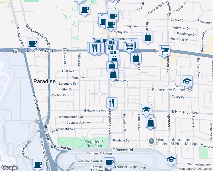 map of restaurants, bars, coffee shops, grocery stores, and more near 5158 Garden Lane in Las Vegas