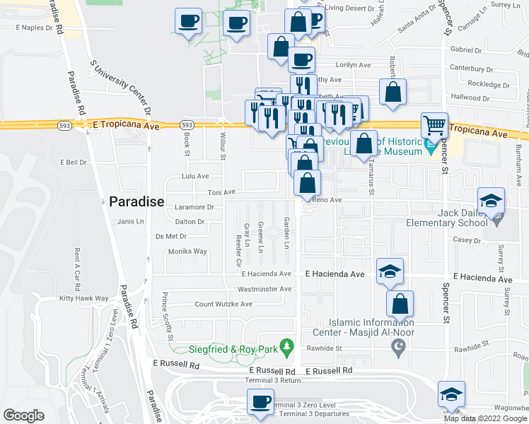 map of restaurants, bars, coffee shops, grocery stores, and more near 5128 Greene Lane in Las Vegas