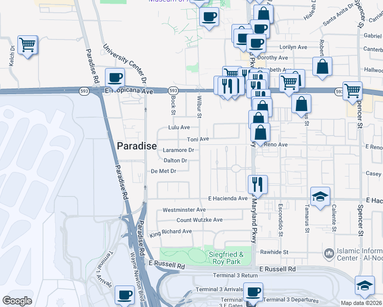 map of restaurants, bars, coffee shops, grocery stores, and more near 5165 Wilbur Street in Las Vegas