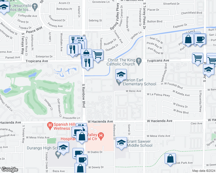 map of restaurants, bars, coffee shops, grocery stores, and more near 5050 South Rainbow Boulevard in Las Vegas