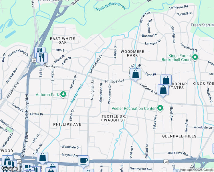 map of restaurants, bars, coffee shops, grocery stores, and more near 1509 Woodmere Drive in Greensboro