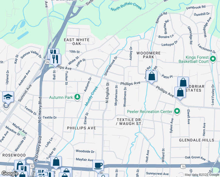 map of restaurants, bars, coffee shops, grocery stores, and more near 1617 Mcpherson Street in Greensboro