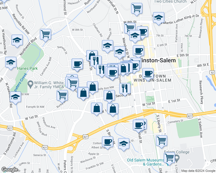 map of restaurants, bars, coffee shops, grocery stores, and more near 648 Holly Avenue Northwest in Winston-Salem