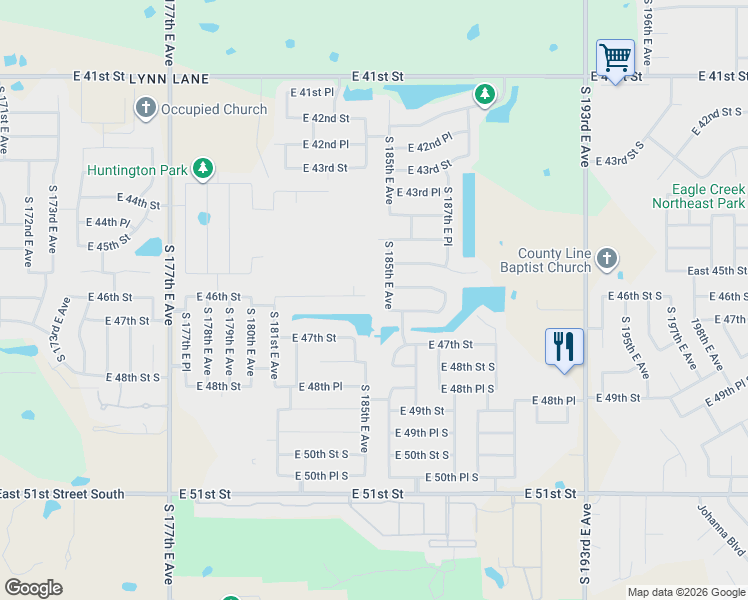 map of restaurants, bars, coffee shops, grocery stores, and more near 18502 East 46th Place South in Tulsa