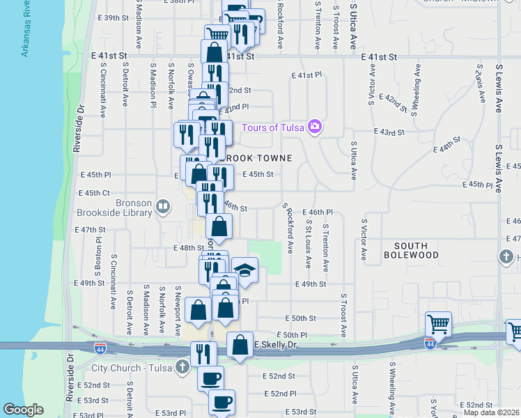 map of restaurants, bars, coffee shops, grocery stores, and more near 4622 South Quincy Avenue in Tulsa