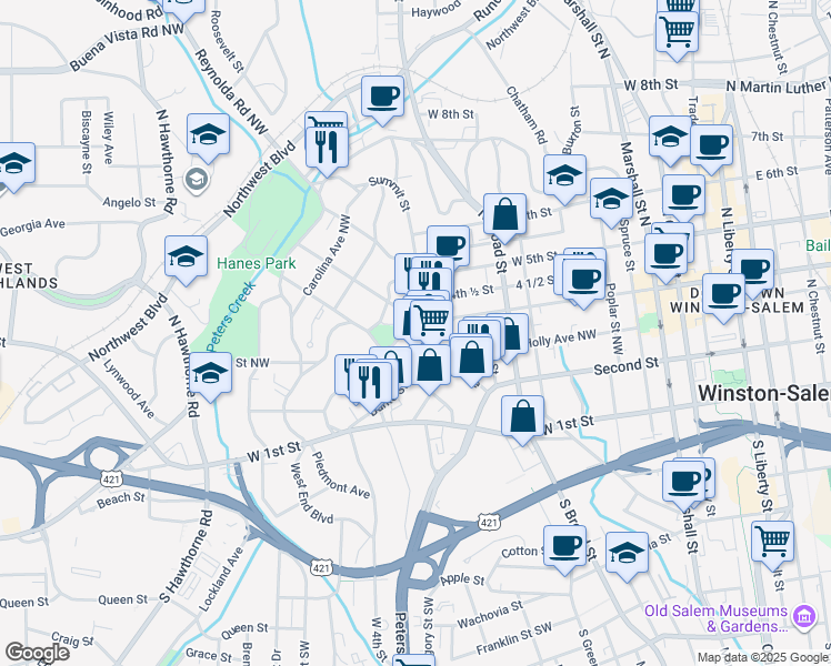 map of restaurants, bars, coffee shops, grocery stores, and more near 940 Burke Street in Winston-Salem