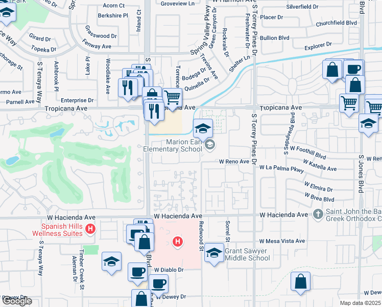 map of restaurants, bars, coffee shops, grocery stores, and more near 5044 South Rainbow Boulevard in Las Vegas