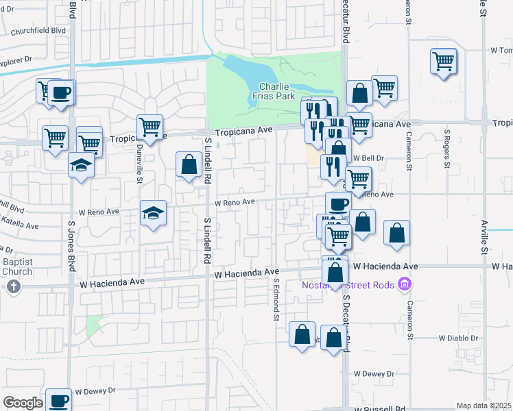 map of restaurants, bars, coffee shops, grocery stores, and more near 5111 Briar Patch Way in Las Vegas