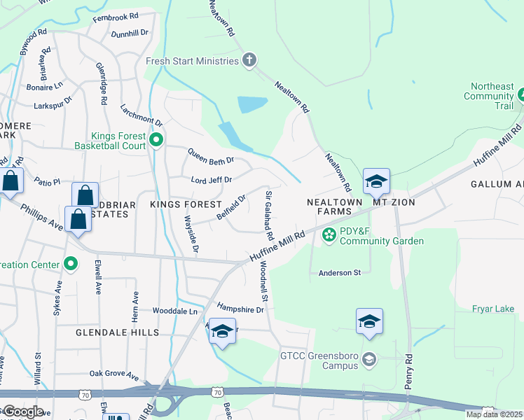 map of restaurants, bars, coffee shops, grocery stores, and more near 1503 Sir Galahad Road in Greensboro