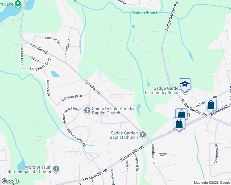 map of restaurants, bars, coffee shops, grocery stores, and more near 4835 Fallfield Drive in Kernersville