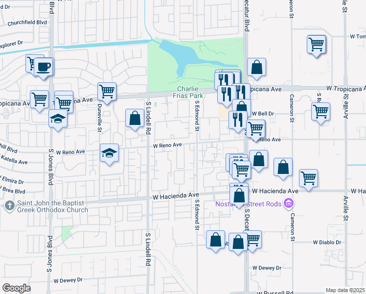 map of restaurants, bars, coffee shops, grocery stores, and more near 5111 Briar Patch Way in Las Vegas