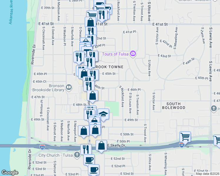 map of restaurants, bars, coffee shops, grocery stores, and more near 4622 South Quincy Avenue in Tulsa