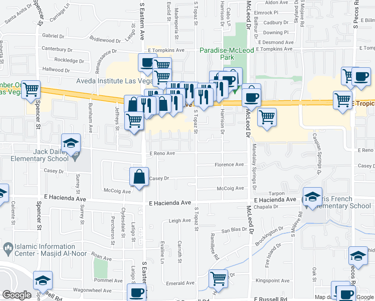 map of restaurants, bars, coffee shops, grocery stores, and more near 2565 East Reno Avenue in Las Vegas