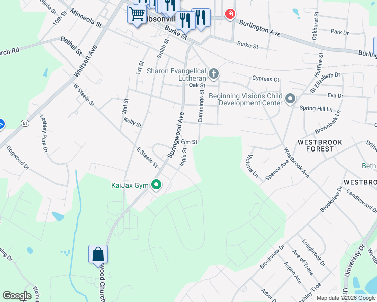 map of restaurants, bars, coffee shops, grocery stores, and more near 811 Ingle Street in Gibsonville