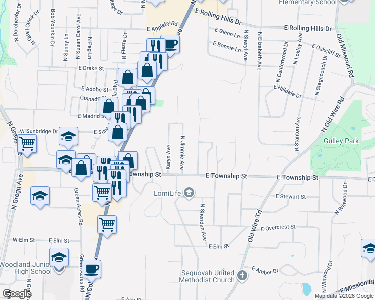 map of restaurants, bars, coffee shops, grocery stores, and more near 2519 North Sherwood Lane in Fayetteville
