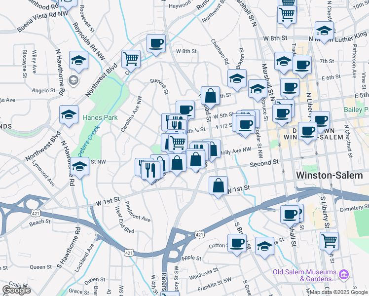 map of restaurants, bars, coffee shops, grocery stores, and more near 821 Burke Street in Winston-Salem