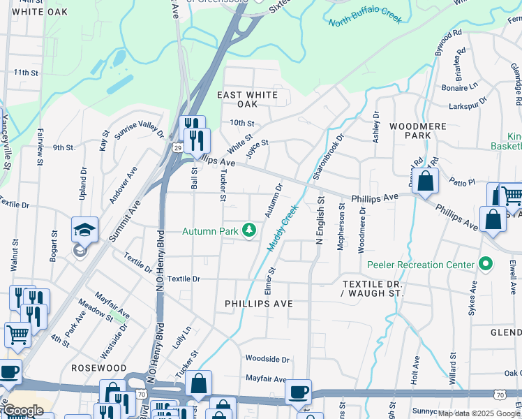 map of restaurants, bars, coffee shops, grocery stores, and more near 1728 Boone Street in Greensboro