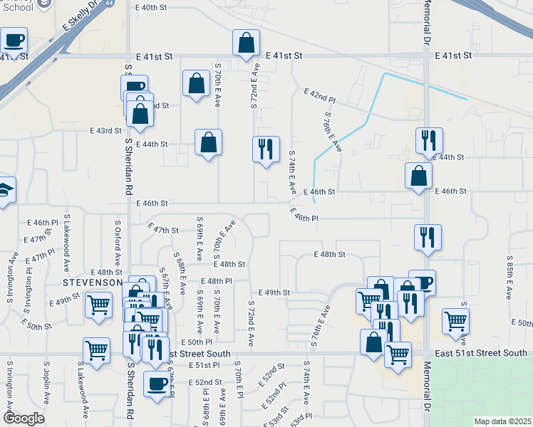 map of restaurants, bars, coffee shops, grocery stores, and more near 7241 East 46th Place in Tulsa