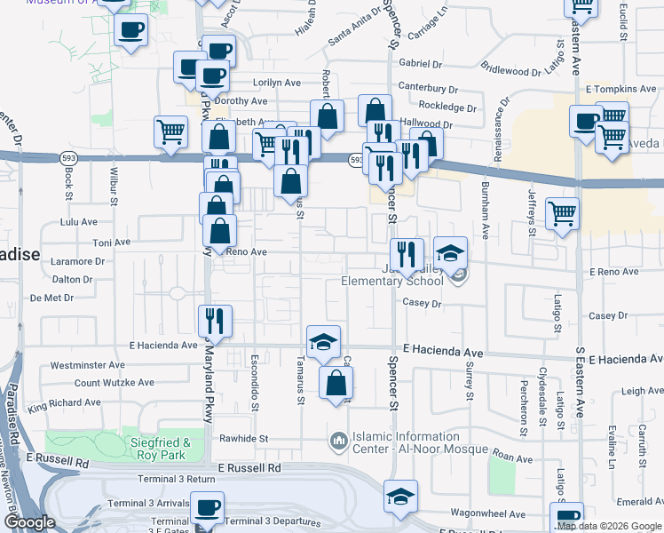 map of restaurants, bars, coffee shops, grocery stores, and more near 5155 Caliente Street in Las Vegas