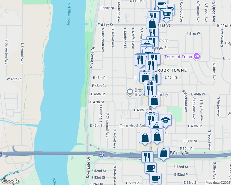 map of restaurants, bars, coffee shops, grocery stores, and more near 4633 South Detroit Avenue in Tulsa