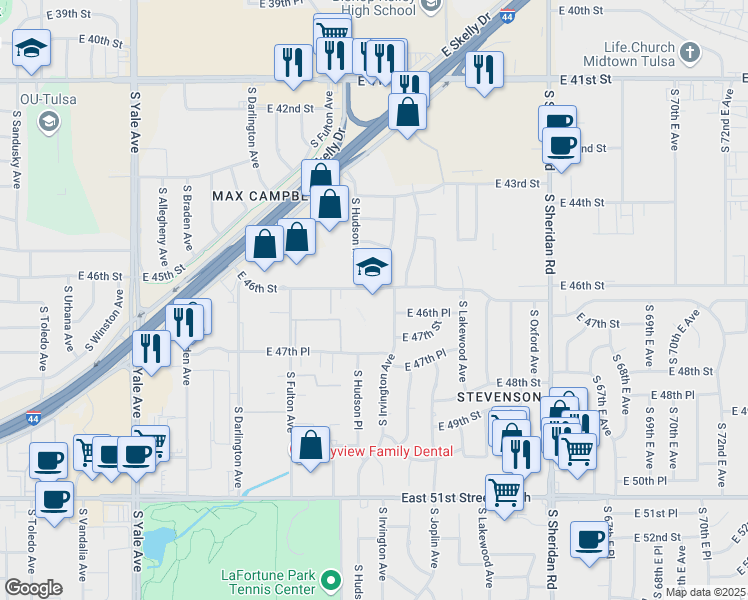 map of restaurants, bars, coffee shops, grocery stores, and more near 4620 South Irvington Avenue in Tulsa