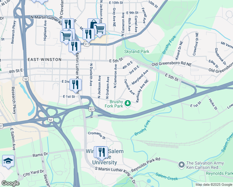 map of restaurants, bars, coffee shops, grocery stores, and more near 123 North Cameron Avenue in Winston-Salem