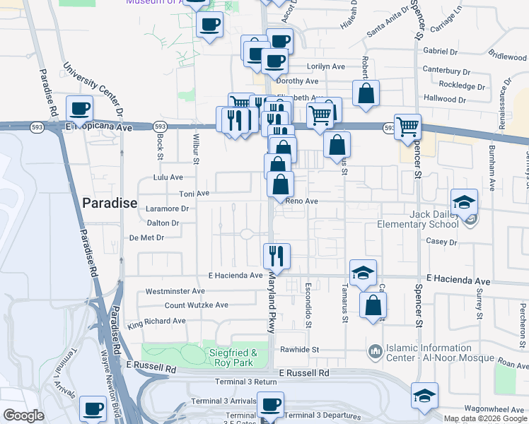 map of restaurants, bars, coffee shops, grocery stores, and more near 5128 Garden Lane in Las Vegas