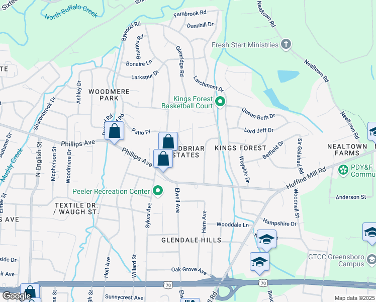 map of restaurants, bars, coffee shops, grocery stores, and more near 1205 Westhampton Drive in Greensboro