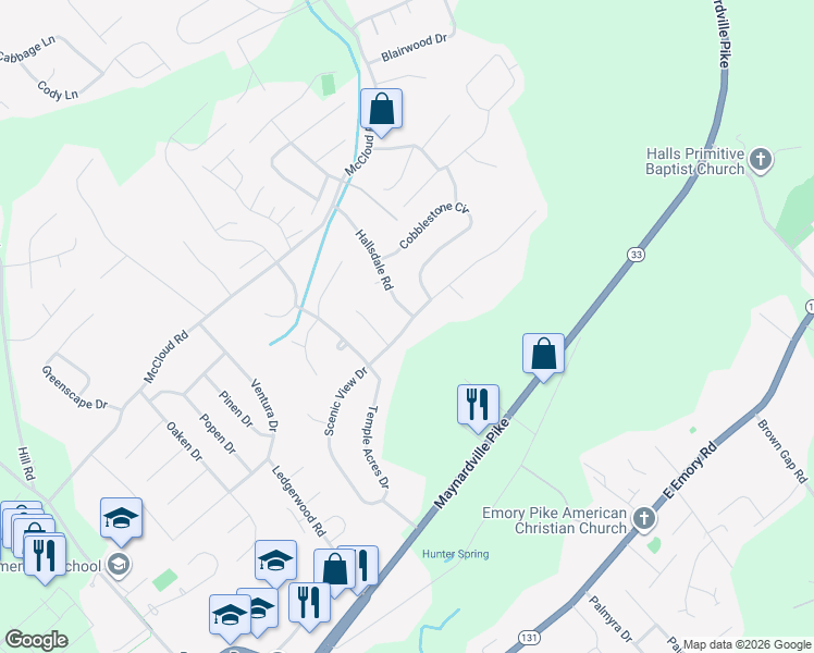 map of restaurants, bars, coffee shops, grocery stores, and more near 7717 Scenic View Drive in Knoxville