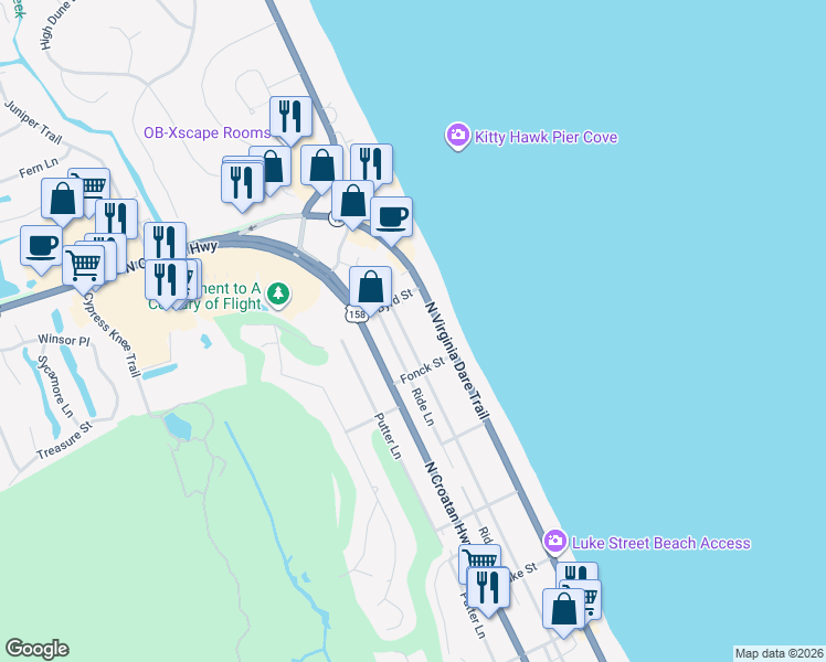 map of restaurants, bars, coffee shops, grocery stores, and more near 5124 North Virginia Dare Trail in Kitty Hawk