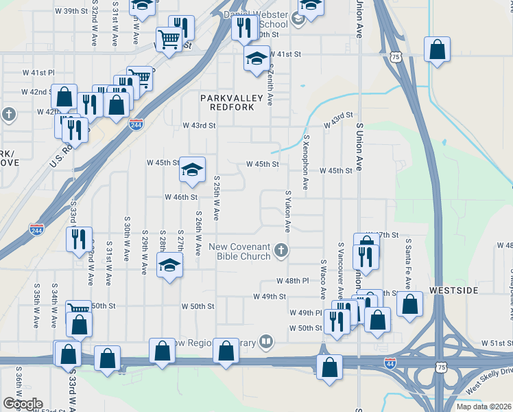 map of restaurants, bars, coffee shops, grocery stores, and more near 4530 South 23rd West Avenue in Tulsa