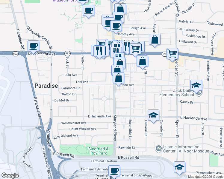 map of restaurants, bars, coffee shops, grocery stores, and more near 5128 Garden Lane in Las Vegas
