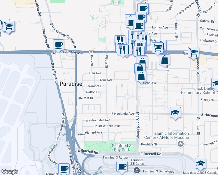 map of restaurants, bars, coffee shops, grocery stores, and more near 5128 Wilbur Street in Las Vegas