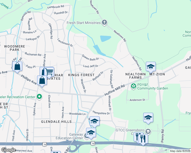 map of restaurants, bars, coffee shops, grocery stores, and more near 4309 Belfield Drive in Greensboro