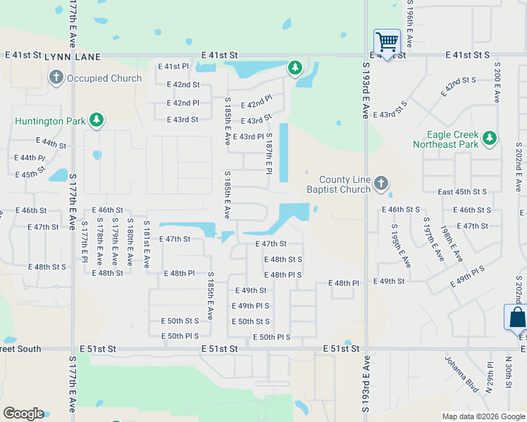 map of restaurants, bars, coffee shops, grocery stores, and more near 18706 East 45th Place South in Tulsa